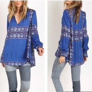 Free People Changing Times Blue Patterned Tunic Top